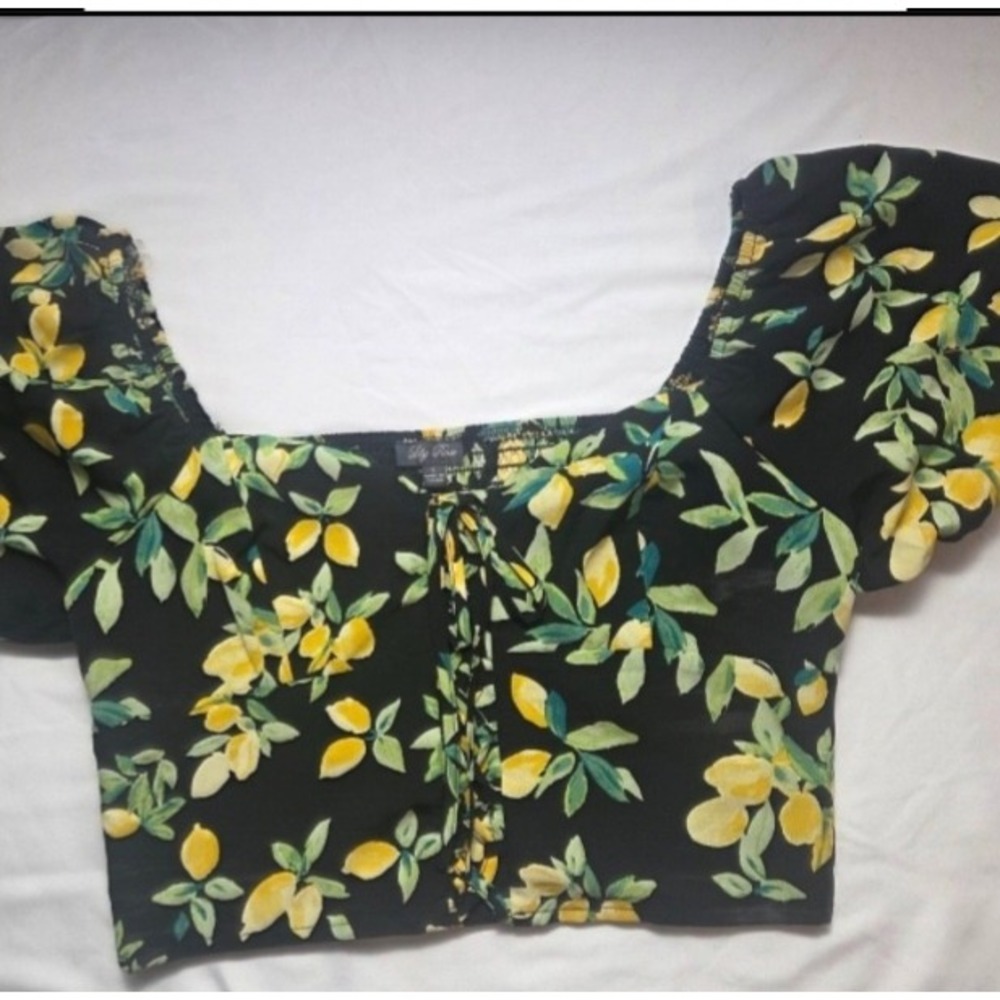 Lily Rose Lemon Print Crop Top Black Yellow Puff Sleeve Lace Up Smocked Back L
